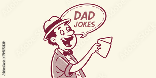 Funny cartoon dad delivering corny dad jokes, adorable humor, perfect for Father's Day cards, social media, and family celebrations, playful vector