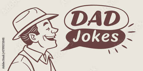 Retro cartoon man shares a funny dad joke, perfect for Father's Day cards, social media, or humorous designs about family and lighthearted humor