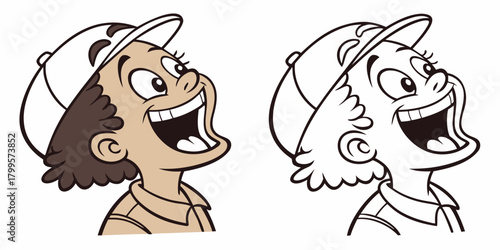 Delightful cartoon character excitedly looks upwards, perfect for educational materials, children's books, and cheerful illustrations, available in color and outline