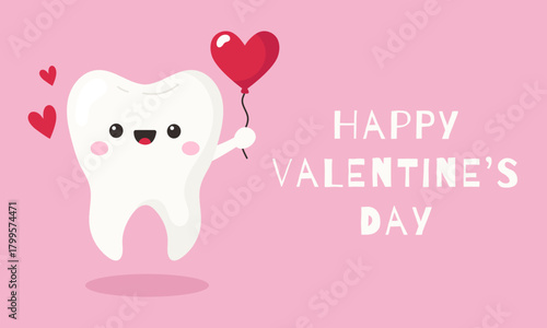 Cute tooth character with heart shaped balloon. Valentine's Day greeting card. Vector illustration