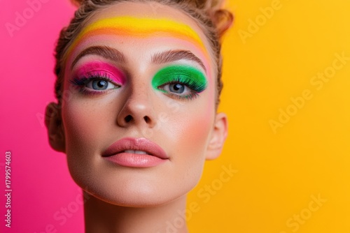 Wallpaper Mural Vibrant Makeup Artistry: A striking beauty portrait showcases a model with bold and creative makeup, using vivid hues and precise artistry to create an eye-catching visual. Torontodigital.ca