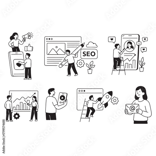 Set of people vector illustrations in various activities of internet marketing, web and app design and development, seo, social network. vector