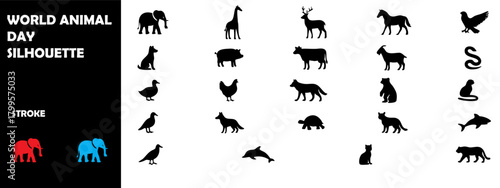 World Animal Day Silhouette Icon Set – Wildlife, Pets, Conservation & Nature Protection Vector