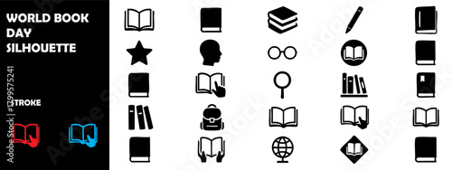 World Book Day Silhouette Icon Set – Reading, Library, Learning & Education Vector