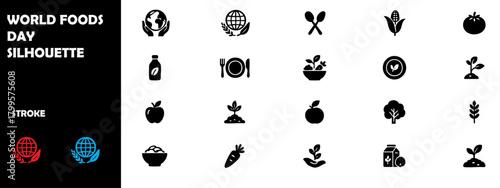 World Food Day Silhouette Icon Set – Global Food Awareness, Hunger Relief & Healthy Eating Vector