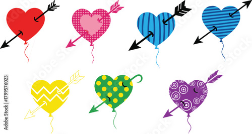 Six heart shaped balloons pierced by arrows in various colors and patterns vector