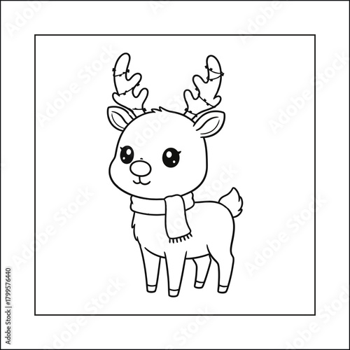 Cute Cartoon Christmas Reindeer with Scarf Coloring Page Vector