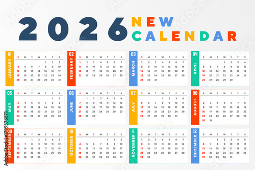 Colorful 2026 modern calendar layout with clean typography and structured monthly grid. Design Illustration