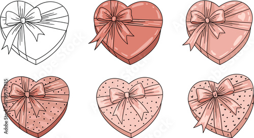 Six heart shaped gift boxes with bows and patterns present ribbon