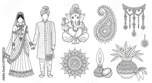 Elegant Traditional Indian Wedding Vector Collection - Mehndi Art Motifs & Ganesha Elements