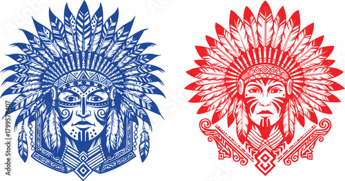 Native American Chief Headdress Vector Art: Intricate Line Drawings in Blue and Red, Tribal Culture Inspired Design on Transparent Backdrop for Creative Projects