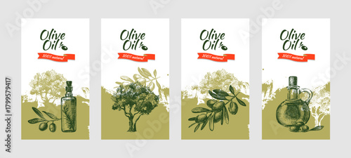 Vintage sketch olive oil banner set. Extra virgin, farm product, Mediterranean cuisine, cosmetic, organic farm, packaging label, bottle sticker, menu header. Engraved hand drawn vector illustration.