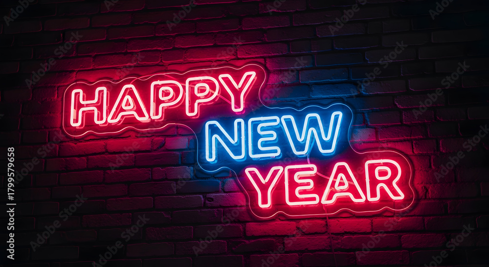 Obraz premium Neon Sign in Glowing Pink and Blue Lights, Dark Brick Wall Background