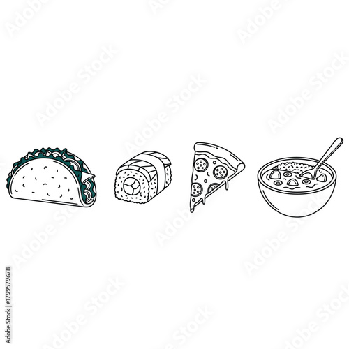 Global foods line art illustration featuring taco, sushi, pizza, and curry bowl representing diverse world cuisine and international food culture