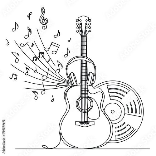 Music line art illustration featuring guitar, headphones, musical notes, and vinyl record representing audio creativity, sound, and musical instrument themes