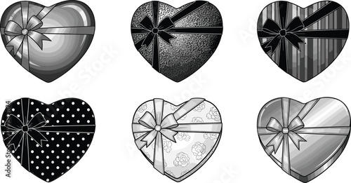 Six heart shaped gift boxes with bows in various patterns and shades of gray present