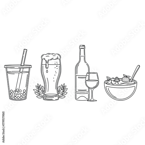 Modern drinks line art illustration featuring bubble tea, craft beer glass, wine bottle, and smoothie bowl representing contemporary beverage culture