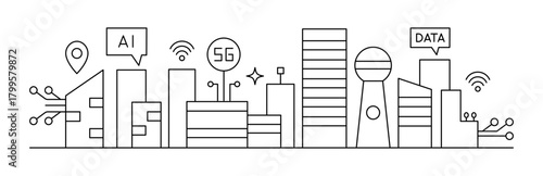 Futuristic Cityscape Innovation Town Outline Illustration. Smart Artificial Intelligence Concept. Tech Future City Downtown Cyber AI Network Big Data Technology Horizontal Building 5G Tower Vector