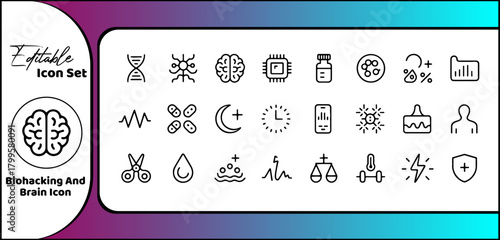 Biohacking and Brain Science Technology Line Icon Set