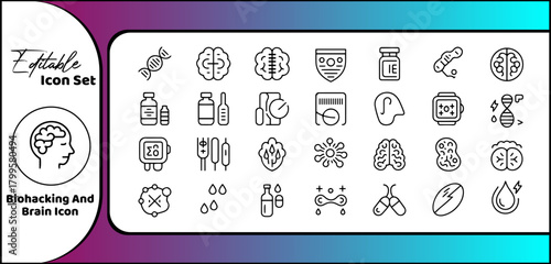Biohacking and Brain Science Technology Line Icon Set
