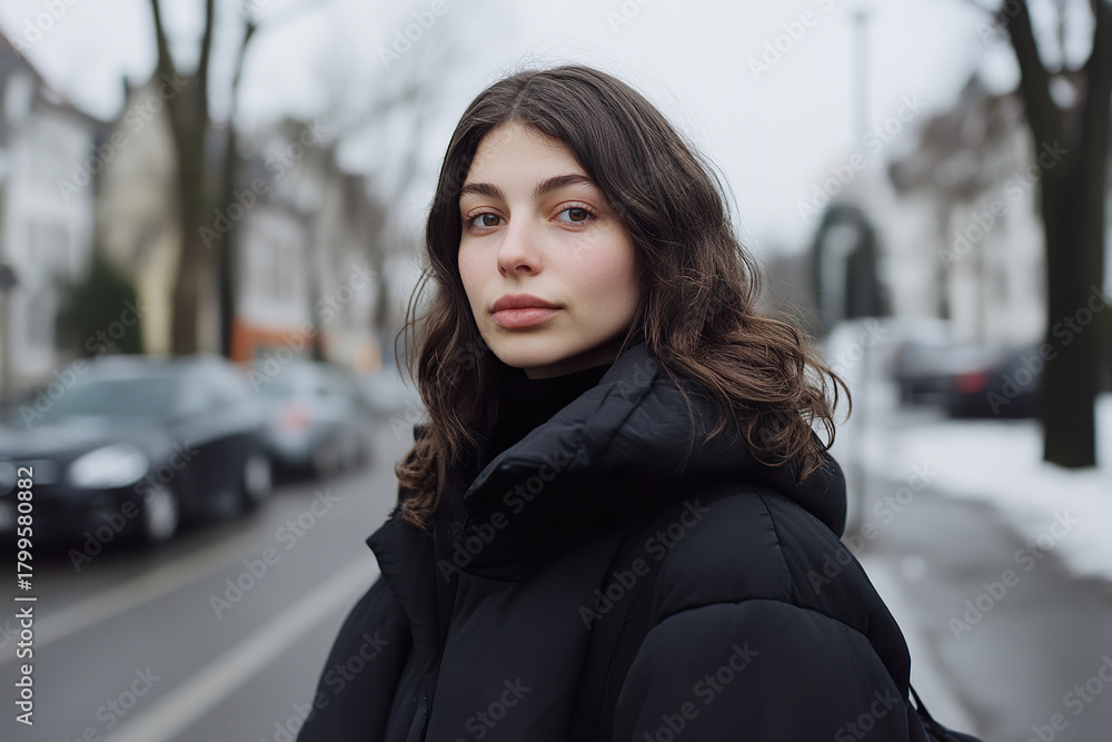 Fototapeta premium Attractive woman in puffer jacket stands on street in winter atmosphere