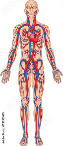 Anatomical illustration of human circulatory system showing heart, arteries, veins, blood flow network, biology diagram for medical and educational use.