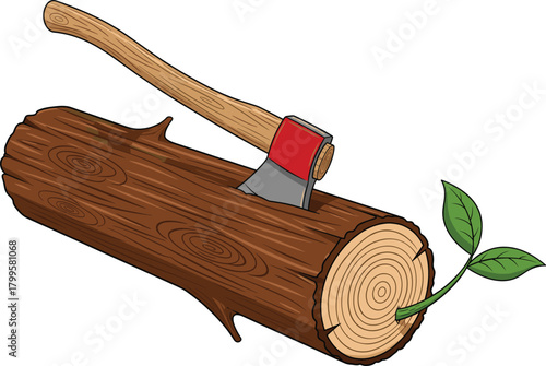 Cartoon chopped log with embedded axe and green sprout, symbolizing nature, renewal, sustainability, forestry, and environmental awareness themes.