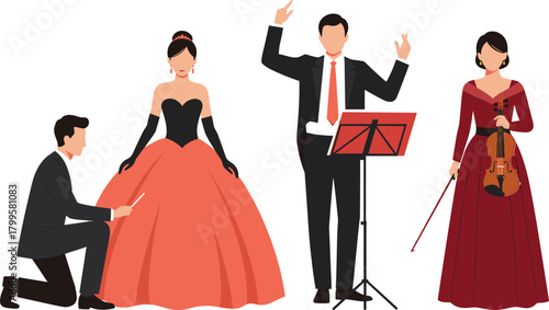 Cartoon classical music performers in formal attire—conductor, violinist, opera singer, and presenter—ideal for theater, concert, and education themes.