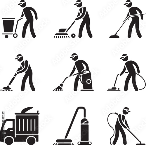 Cleaning service pictograms set illustration with man and truck equipment
