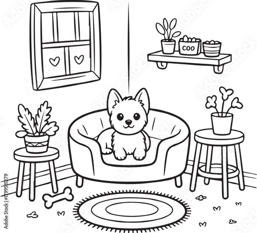 Cute cartoon dog in a cozy room coloring page illustration
