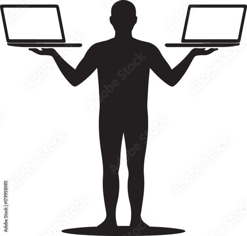 Silhouette of a person holding two laptops representing technology multitasking