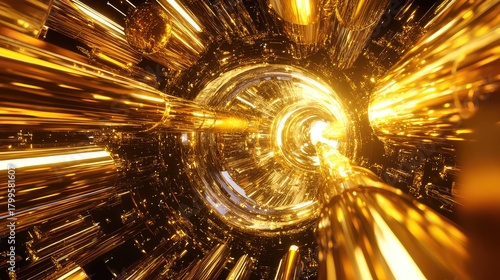 Fototapeta Naklejka Na Ścianę i Meble -  Abstract gold tunnel light speed and technology