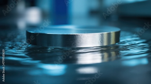 The polished metal parts are partially immersed in electroplating solution, causing silver reflection. Safety poster.