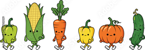 Cartoon walking vegetables with eyes and limbs in line formation, perfect for kids, healthy eating, agriculture, and educational themes.