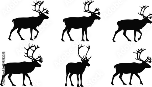 Set of six reindeer silhouettes in various poses, featuring black caribou walking and standing, perfect for Christmas or wildlife designs.