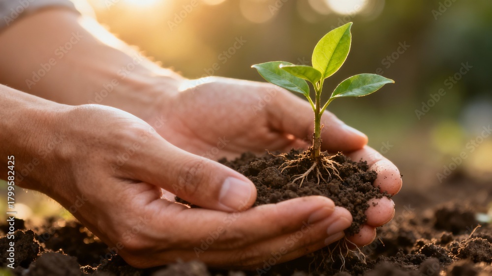 Fototapeta premium Warmly Lit Image of Hands Cupping a Tiny Green Plant or Sprout in Rich Soil, Emphasizing New Life, Hope, and a Bright Future.