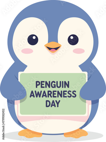 Celebrate Penguin Awareness Day with this adorable cartoon penguin holding a sign, perfect for educational materials and conservation efforts