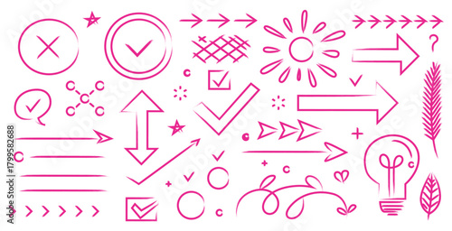 Collection of hand drawn pink doodle elements checks arrows and creative symbols