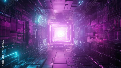 Fototapeta Naklejka Na Ścianę i Meble -  Futuristic tunnel leading to bright light and technology