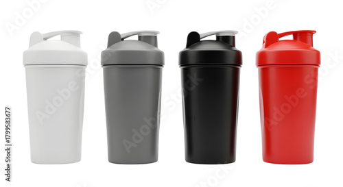 Collection of colorful protein shaker bottles for fitness and workout