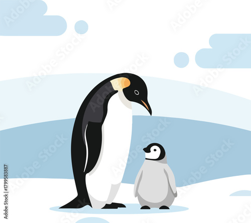 Celebrate Penguin Awareness Day with an Adorable Mother and Baby Penguin in a Wintery Landscape Perfect for Conservation Campaigns and Educational Materials