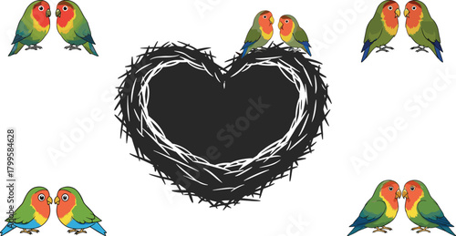 Two pairs of lovebirds flank a heart shaped nest with a black center animal nature
