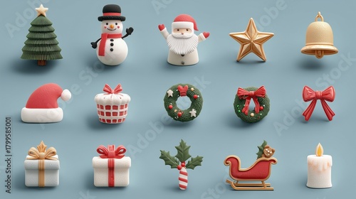 A charming and comprehensive collection of 3D rendered Christmas icons, presented in a clean, soft, and slightly cartoonish style.  