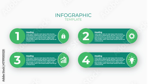 4-Step Green Capsule Infographic Template. Numbered list for security, configuration, growth metrics, and creative ideas. Modern presentation slide
