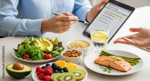 Professional dietitian in nutrition counseling session explains custom meal plan. Healthy food like salmon salad and fruit shown on table for balanced diet