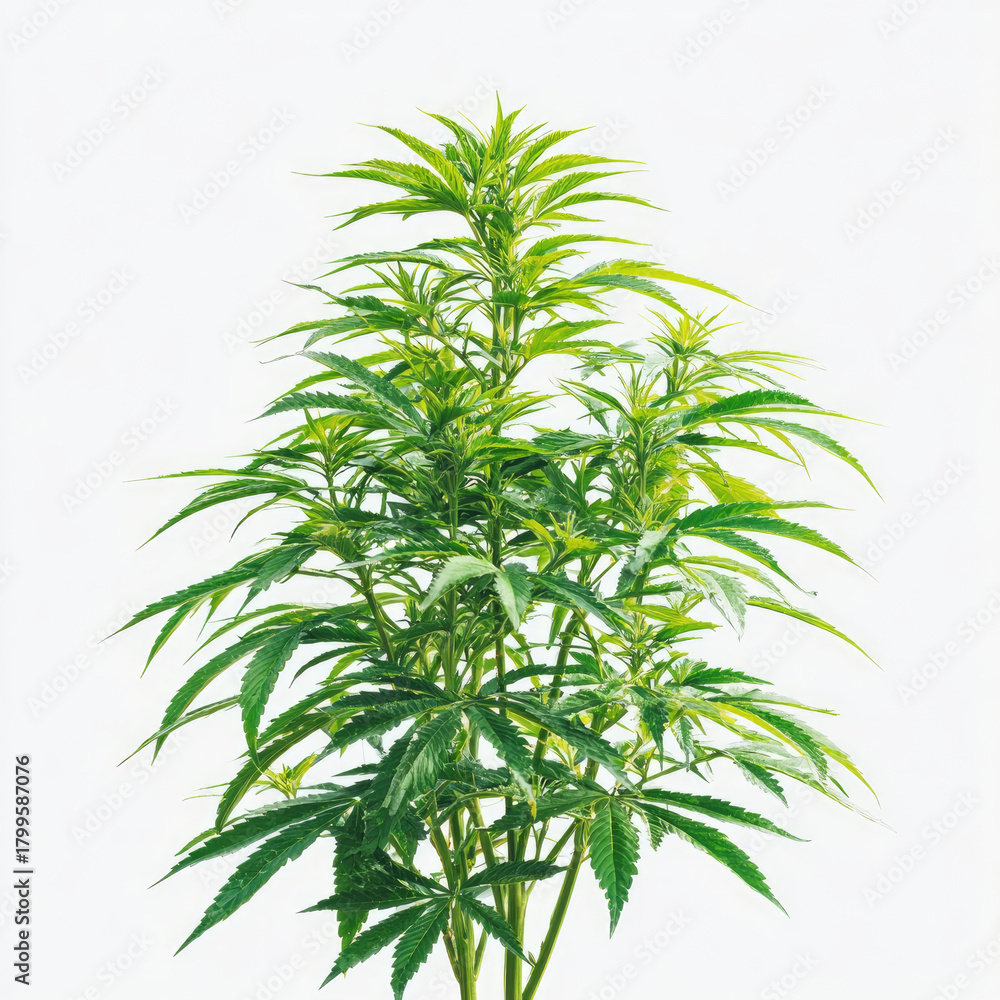 Fototapeta premium Green cannabis plant with fresh leaves on white background