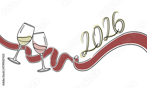 Continuous line champagne cheers one line art, continuous drawing contour. Hands toasting with wine glasses with drinks. New Year cheers toast festive decoration for holidays. Vector illustration