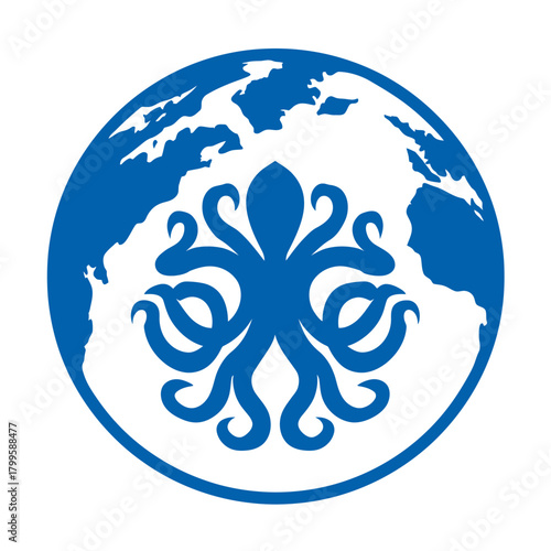 Stylized blue globe icon with abstract octopus symbol, representing global marine life, ocean environment, or world reach.