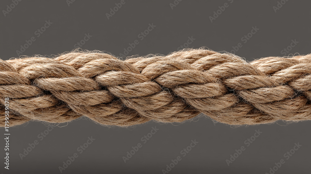 Fototapeta premium A close up view of a thick braided rope against a plain gray background in a horizontal orientation