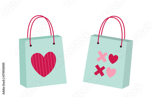 Set of Valentine shopping paper bag flat vector illustration.
Heart-patterned gift bag clipart.
White background.
